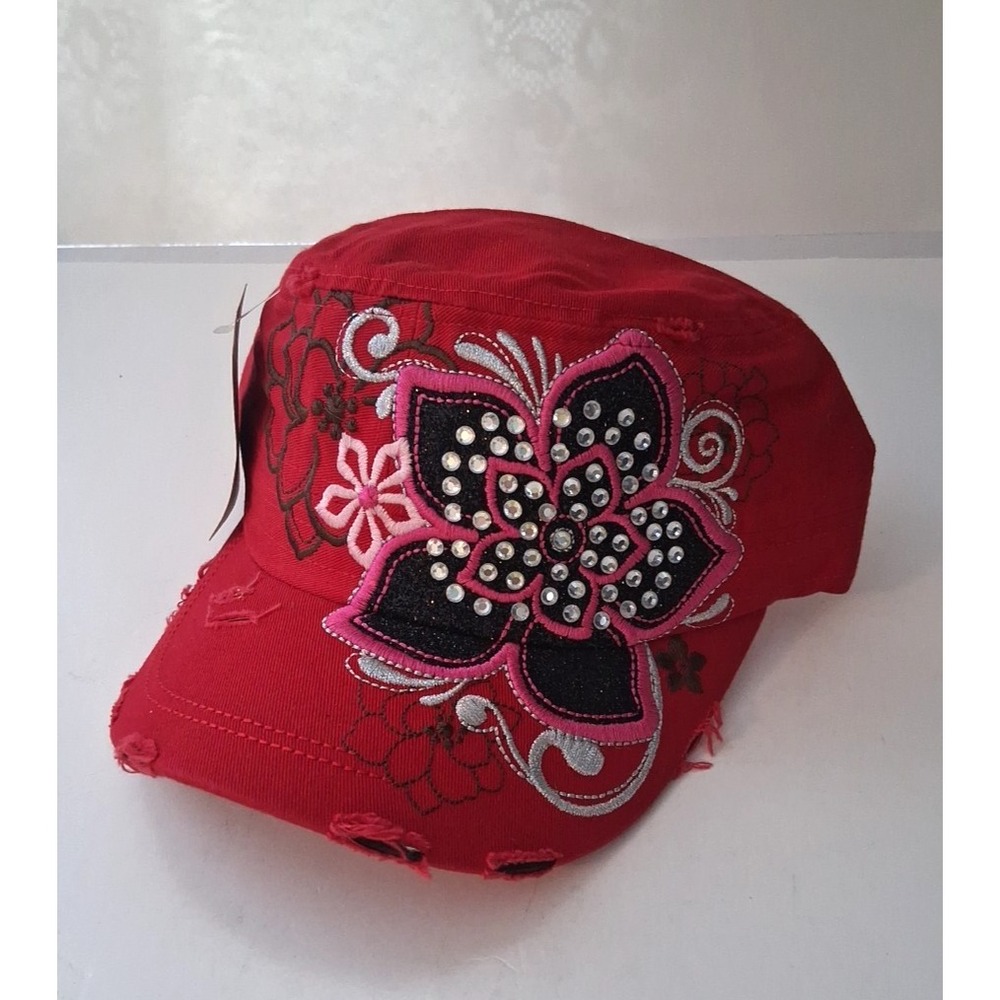 Leader LOGA Red Flower Cadet Cap Distressed Crystal Studded Women's Adjustable